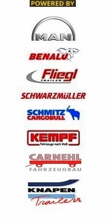 Herstellerlogos: MAN, Benalu, Fliegl, Schwarzmüller, Schmitz Cargobull, Kempf, Carnehl, Knapen